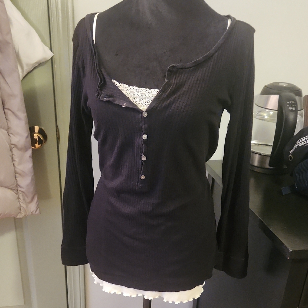 J. Crew Black Long Sleeve Henley Top